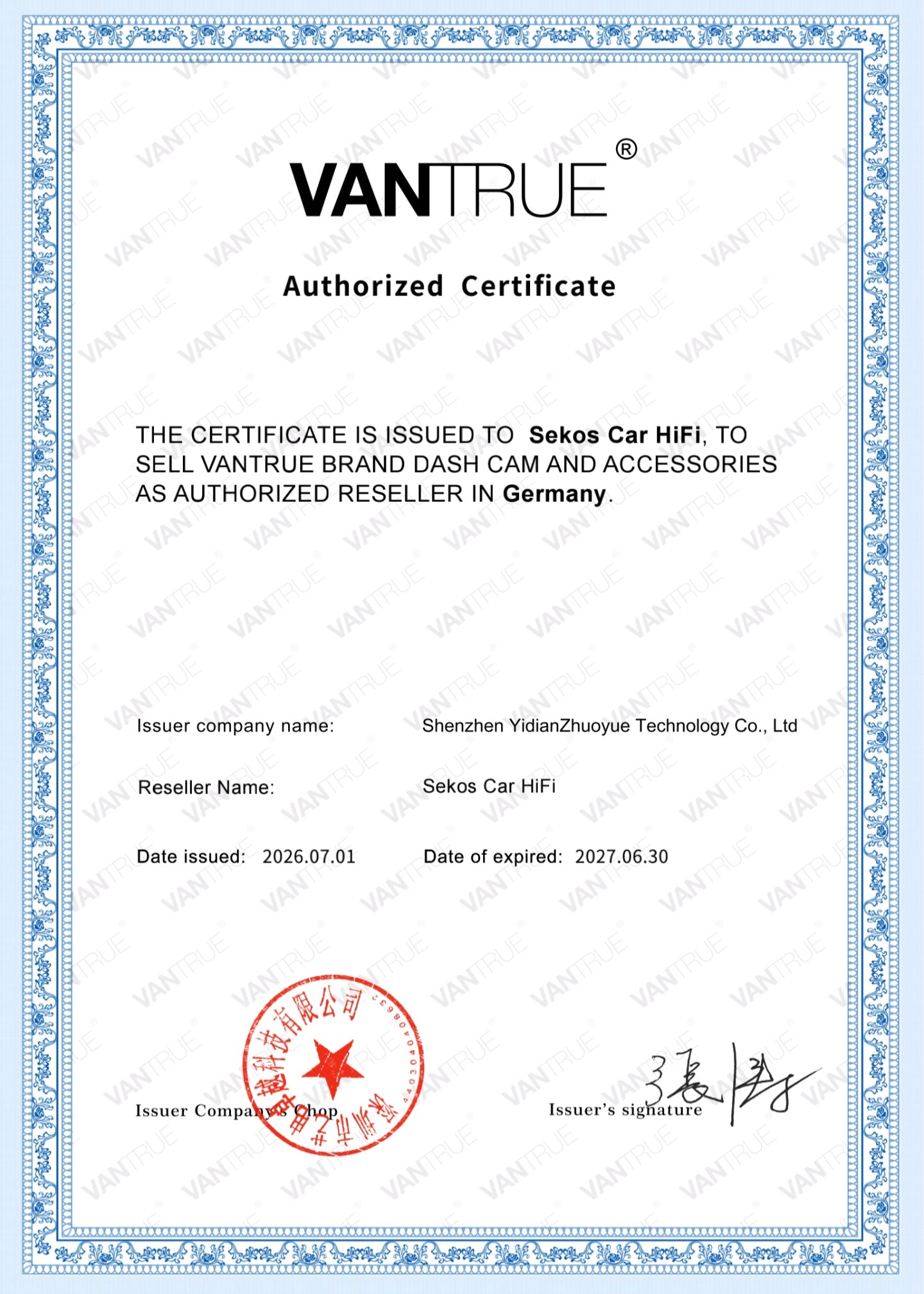 Vantrue Zertifikat
